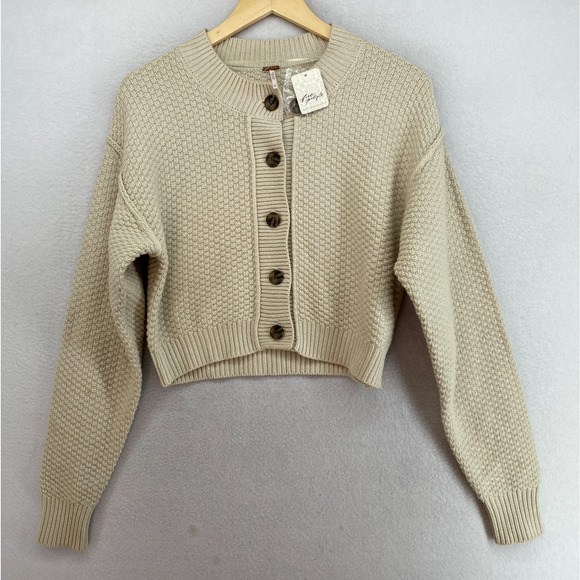 FREE PEOPLE Cardigan Womens XS Lila Cardi Cropped Button Front Sweater Beige NEW - Picture 2 of 15